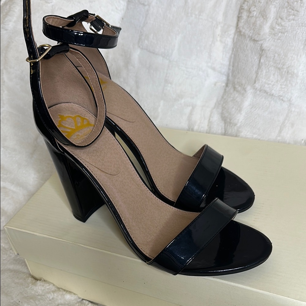 Fergalicious by Fergie Black Patent Leather Block Heel Sandals